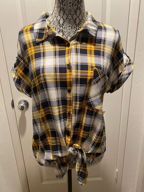 Yellow and Black Plaid Button-Tab Sleeve Shirt